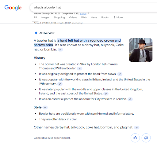 Screen shot of a AI overview in Google